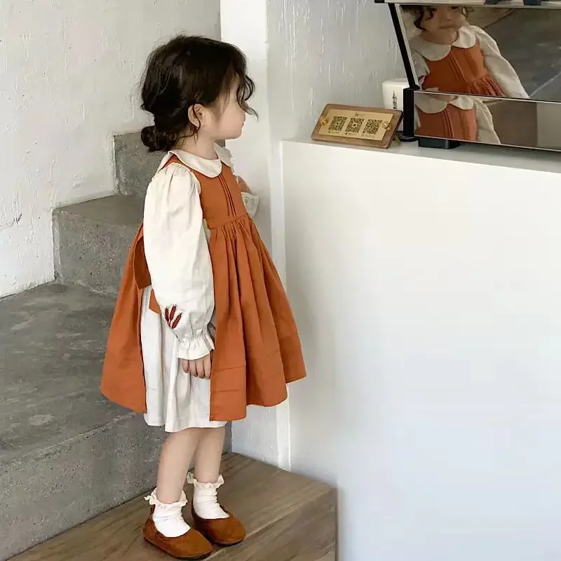 

Spring Autumn Fashion Dresses Two Piece Set Kids Clothes Girls Dress Knee-Length Cuffs Embroidery White and Orange Solid
