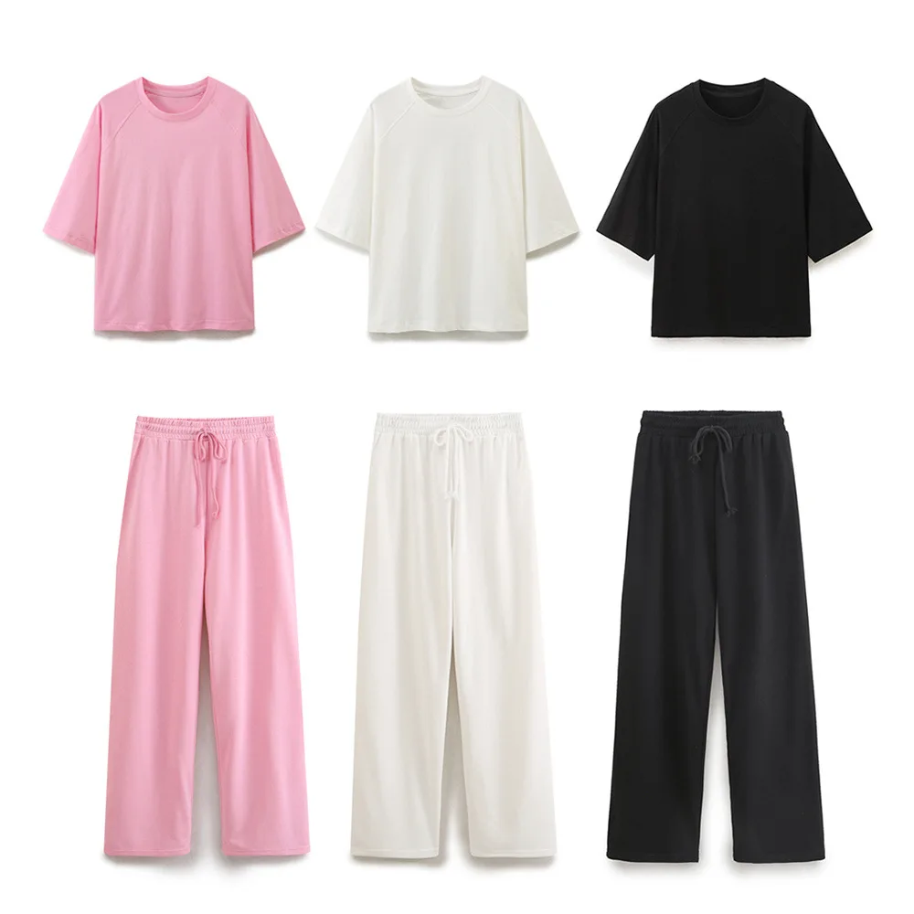 

Summer Women Casual T Shirt Pant Sets Elegant Pink O Neck Short Sleeve T-Shirt + Drawstring Loose Trousers Spring Suit