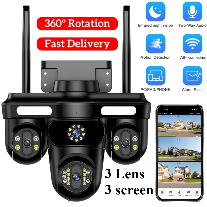 Outdoor Surveillance Camera 360 PTZ 3 Lens Video Recorder Motion Detect Home Alarm Cctv Webcam Night Vision Wifi Security Camera