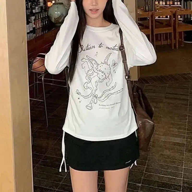 

American Round Neck Angel Printed T-shirts Spring Autumn Long Sleeve Female Clothing Fashionable Drawstring Bow Basic Pullovers