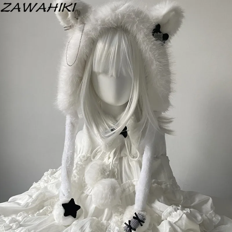 Kawaii Japanese Bomber Hats Chains Design Patchwork Hat with Ears Keep Warm Cute White Fluffy Hat for Women Fashion Sweet Caps