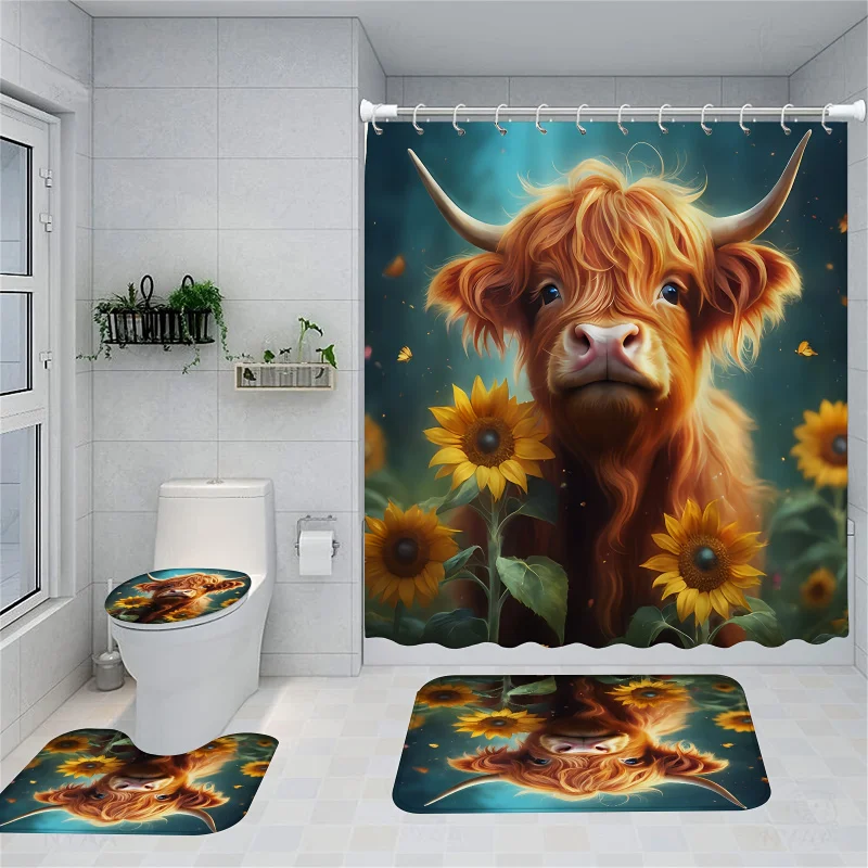 4pcs Cute Cattle Shower Curtain Set, Bright Sunflowers Shower Curtain With 12 Hooks, Non-Slip Bathroom Rug, Toilet U-Shape Mat