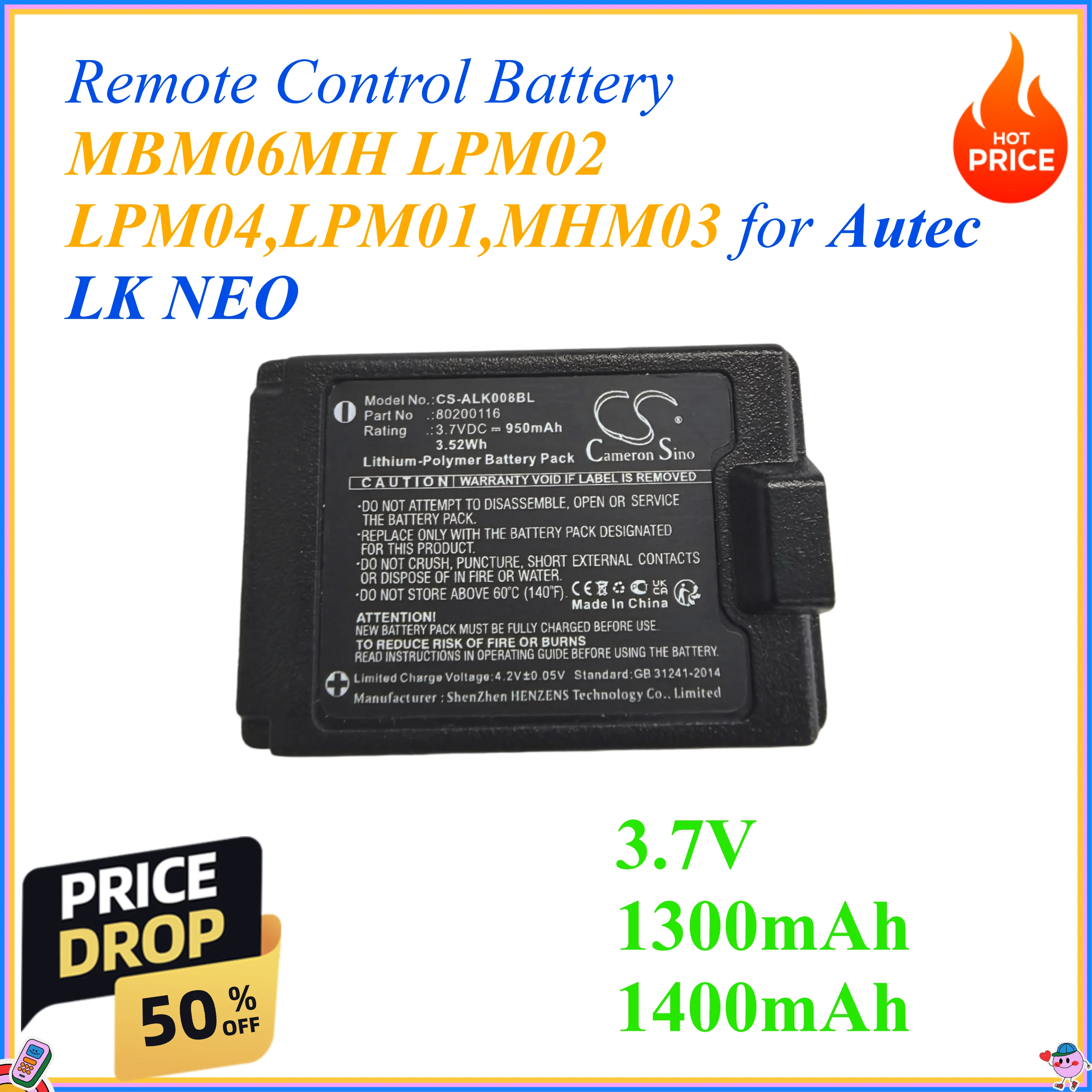 

3.7V/1300mAh 1400mAh Remote Control Battery MBM06MH LPM02 LPM04,LPM01,MHM03 for Autec LK NEO