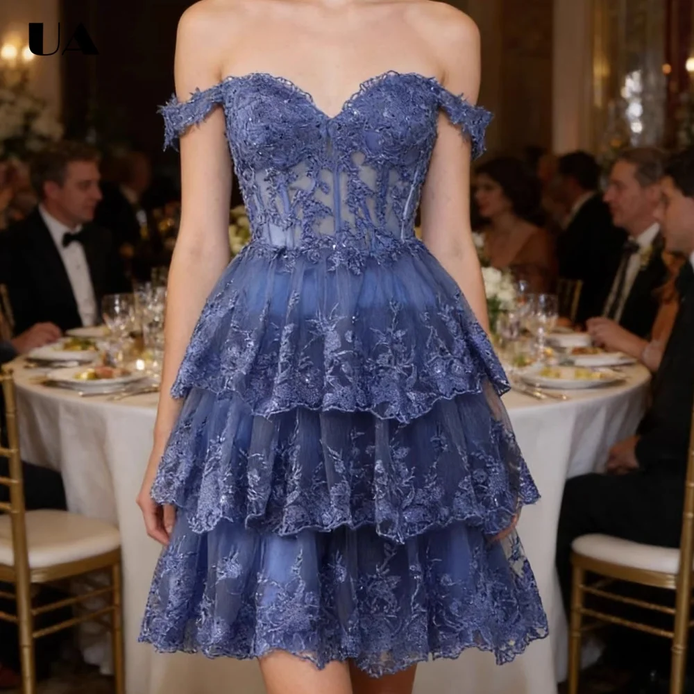 ULBYANRY Maßgeschneidertes, gestuftes, schulterfreies Abendkleid für Damen, exquisites Partykleid mit Spitzenapplikationen, trendiges Ballkleid mit Reißverschluss