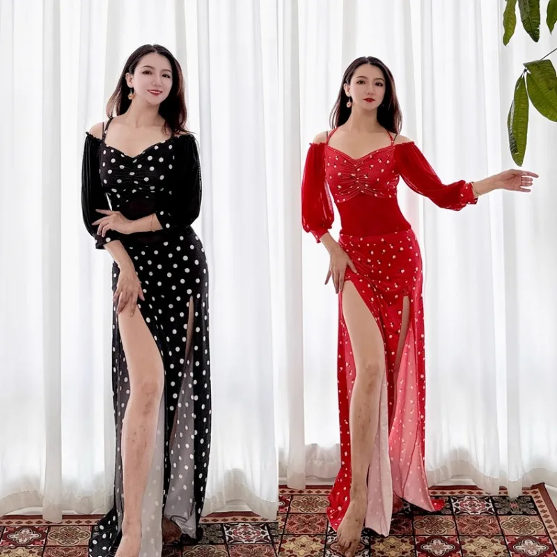 Customized Swegal Sexy Belly Dance Costume Mesh Color Blocked Oriental Dance Clothing Practice Dress Belly Dancing Long Skirt
