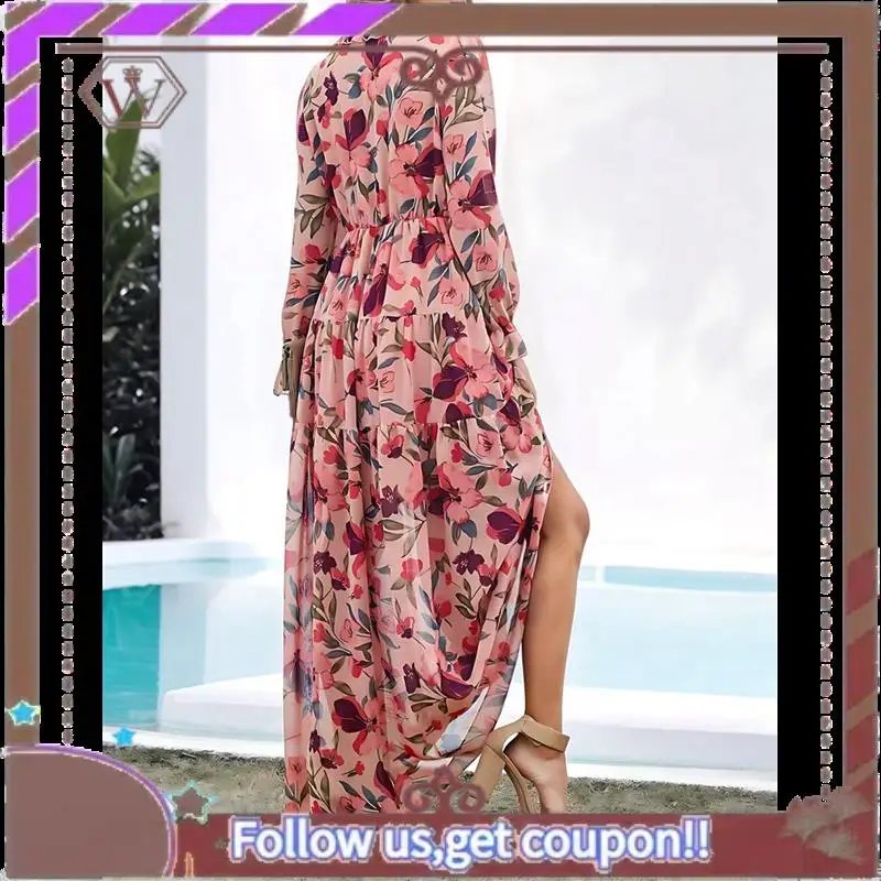 Sukienka maxi w stylu boho dla kobiet, dekolt w serek, bufiaste długie rękawy, falbany, krój w kształcie litery A, rozcięcie, rozkloszowany krój, szyfonowa sukienka.