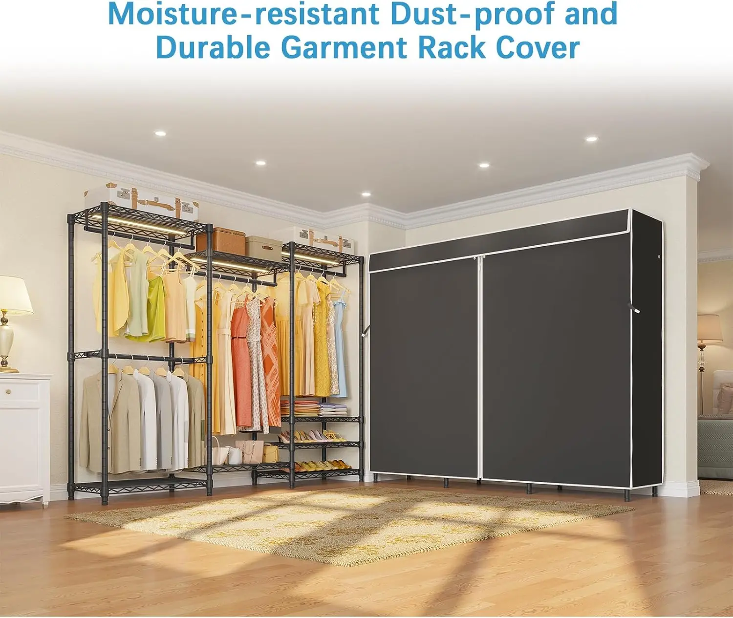 V5L Garment Rack Heavy Duty Covered Clothes Rack with LED Lights, 3000K Warm White, Portable Closet Wardrobe Free