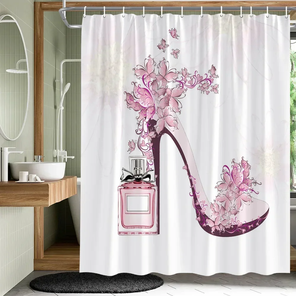 

Flowers Plant Shower Curtains Garden Pink Floral Bird Drum Tower Fabric Bathroom Decor Splash Resistant Partition Bath Curtains