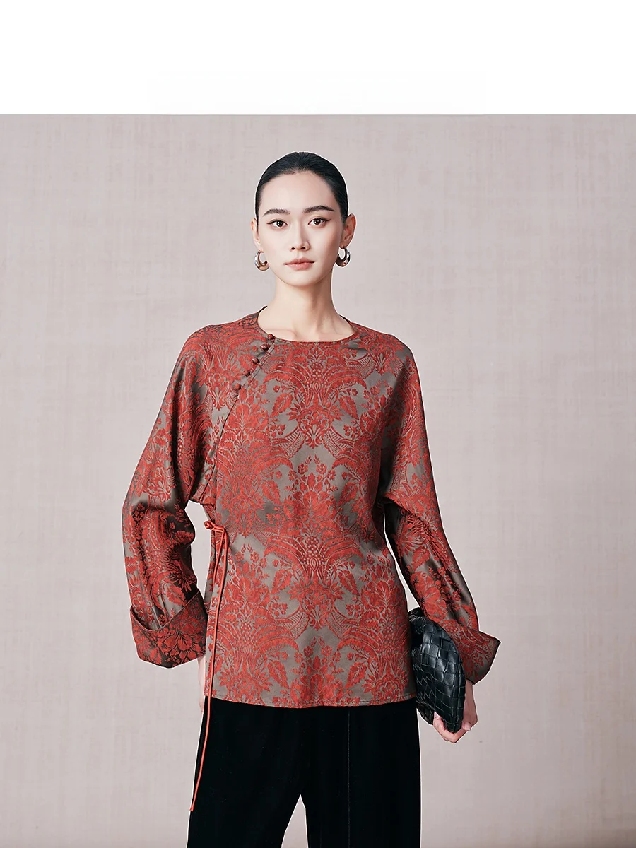 

Annibycn Chinese Style Embroidered Silk round Neck Shirt Women's Spring Fashion Elegance Floral Pattern Long Sleeve...
