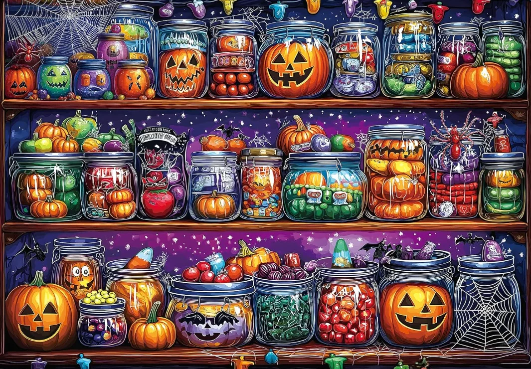 Jigsaw Puzzle 500/1000/1200/2000PCS Halloween Magic Shelf Full Of Candy Pumpkin In Glass Jars Spider Web Holiday Decor Gift