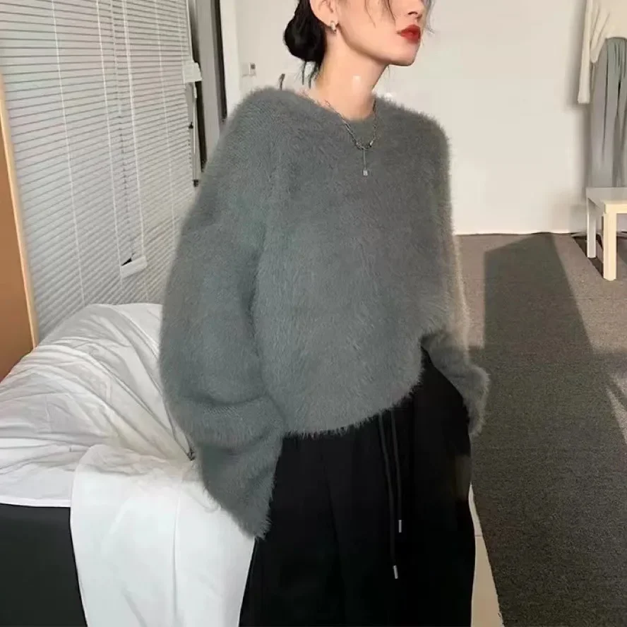 Furry Vintage Knit Pullover Thickening Sweater, Korean Round Neck Loose and  Lazy Mink Velvet Sweater,women Autumn and Winter