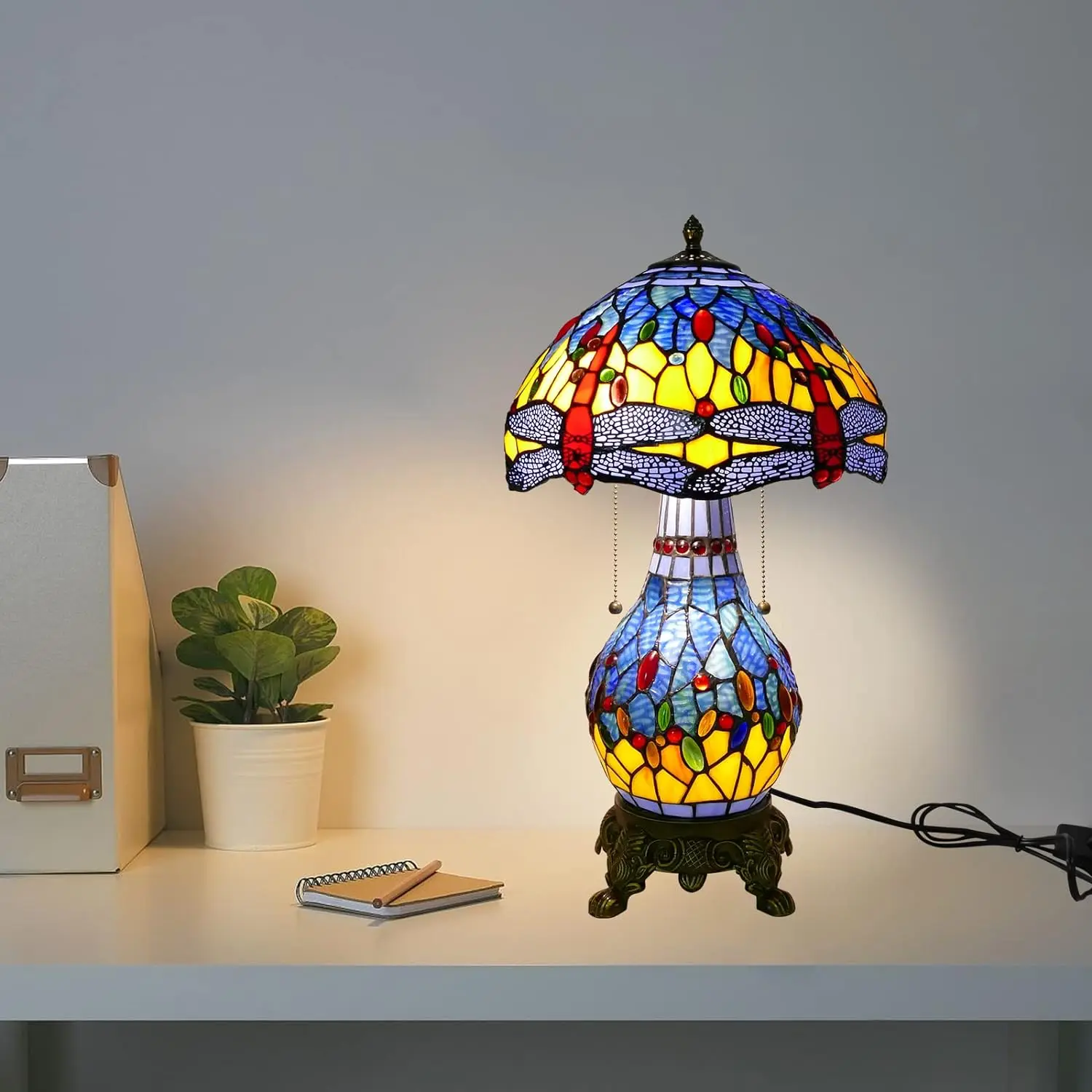 YYHCTiffany Style Table Lamp Handmade Stained Glass Desk Lamp  Mother-Daughter Style Blue Dragonfly Table Lamps