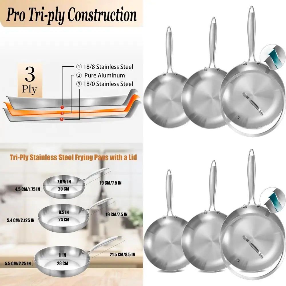 

3-Piece Stainless Steel Fry Pan Set with Lid, Skillet, Induction Compatible, Even Heat, Oven Safe, 8-9.5-11