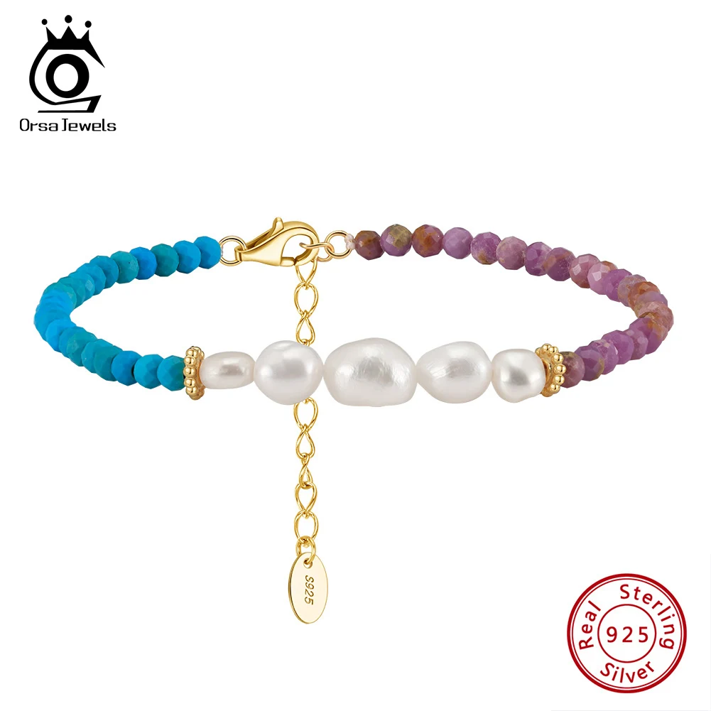 

ORSA JEWELS Freshwater Pearls Turquoises&Purple Mica Natural Stone Beads Bracelet 100% 925 Silver Charm Bangles Jewelry MPB04