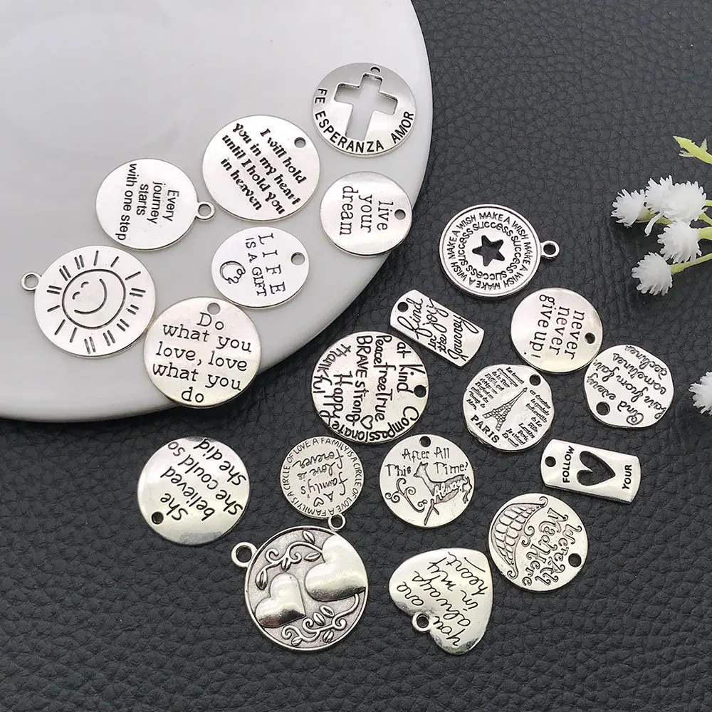 20PCS Tibetan Silver Alloy Inspirational Charms For Jewelry Making Bracelet Necklace Pendant Word Tags DIY Accessories Supplies