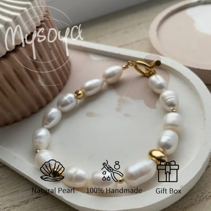 MYSOYA سوار لؤلؤ المياه العذبة على شكل أرز أبيض 8-9 ملم مع صندوق هدايا لعيد ميلادها/زفاف/عيد الميلاد/هدايا رأس السنة الجديدة #1