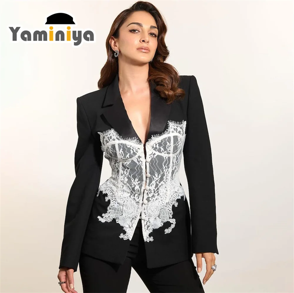 

Yaminiya Autumn Women's Jacket Lace Lace Patchwork Slim Waist Dress Suit Jacket Sexy Temperament Elegant V-Neck Coat 2024 New