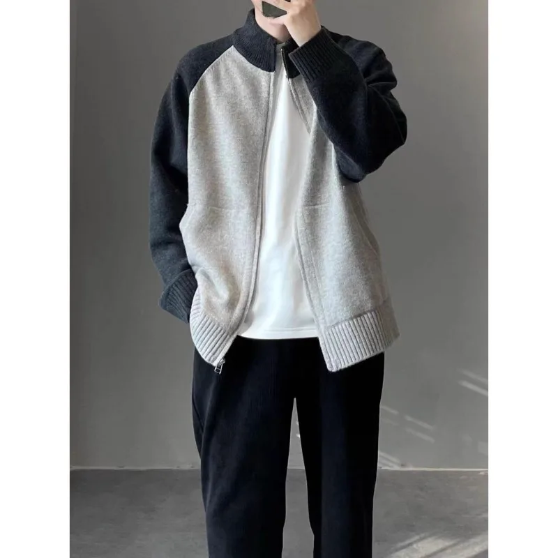 Men Stand Collar Zip Up Knit Cardigan Color Block Raglan Sleeve Loose Casual Sweater Jacket
