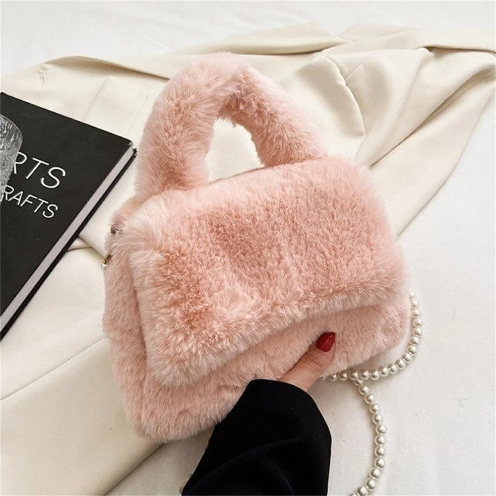 Winter Faux Fur Tote Bag For Women Furry Shoulder Bag Chain Fluffy Crossbody Bag Plush Handbags Shopper Fuzzy Top Handle Bag New