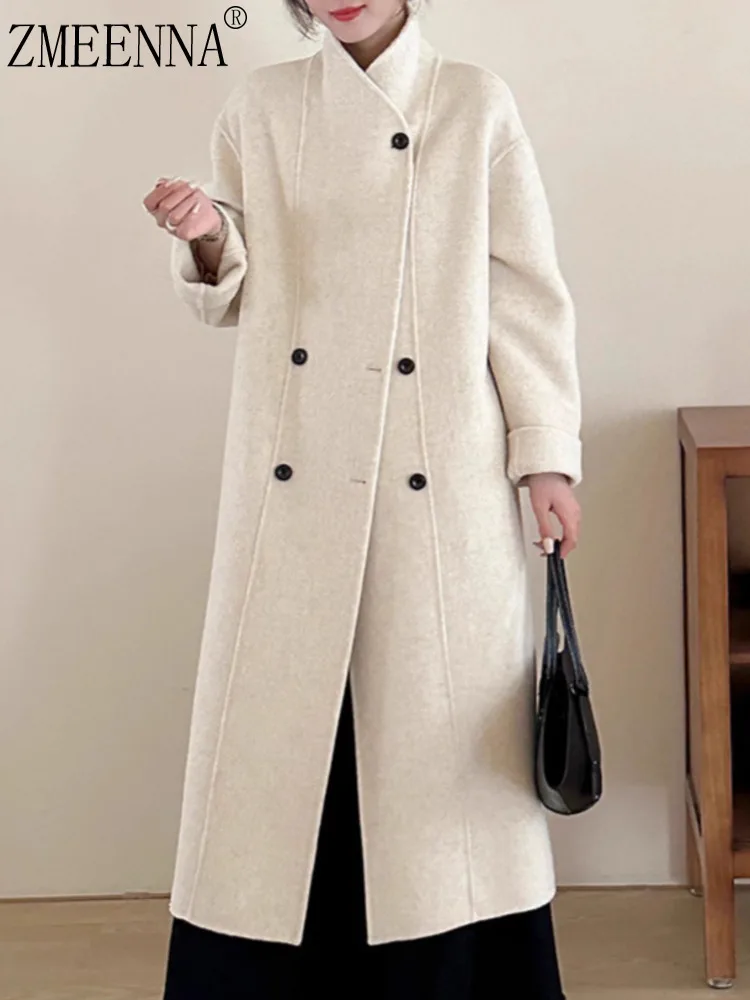 

ZMEENNA Womens Chic Elegant Beige Wool Blend Long Coat With Stand Collar Double Breasted Button Closure Outerwear ZM3695