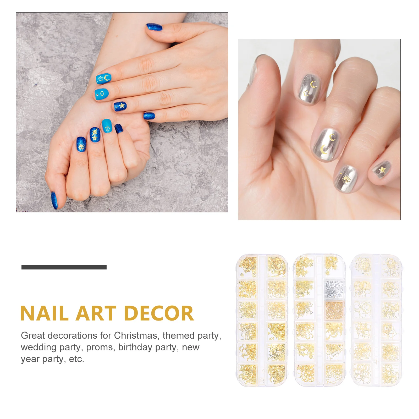 

3 коробки для дизайна ногтей, блестящие прочные принадлежности для дизайна ногтей «сделай сам», украшения для маникюра, подходят для профессионалов и начинающих