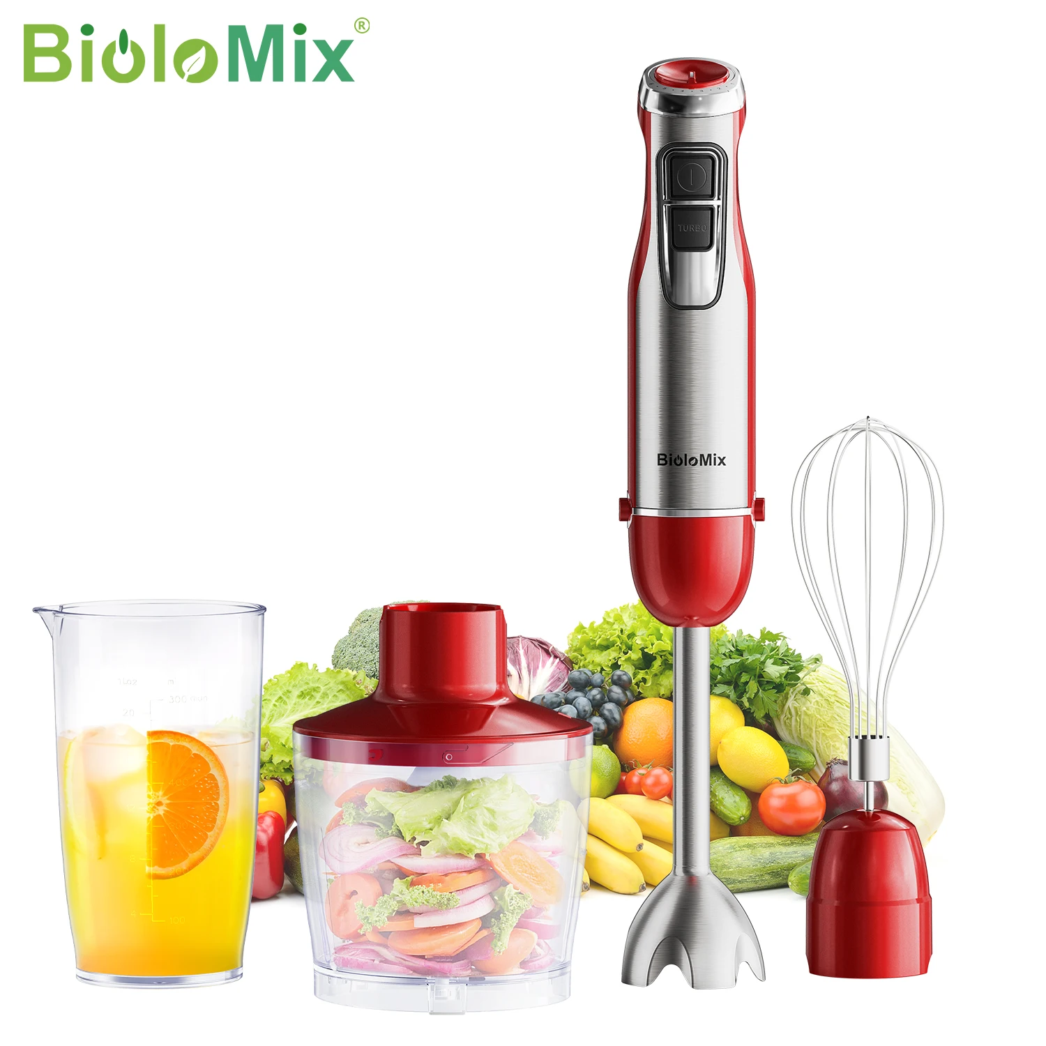 BioloMix 1200W Batidora de mano 4 en 1 con picadora y vaso para batidos - Mezclador de inmersión de acero inoxidable para alimentos para bebés y triturar hielo