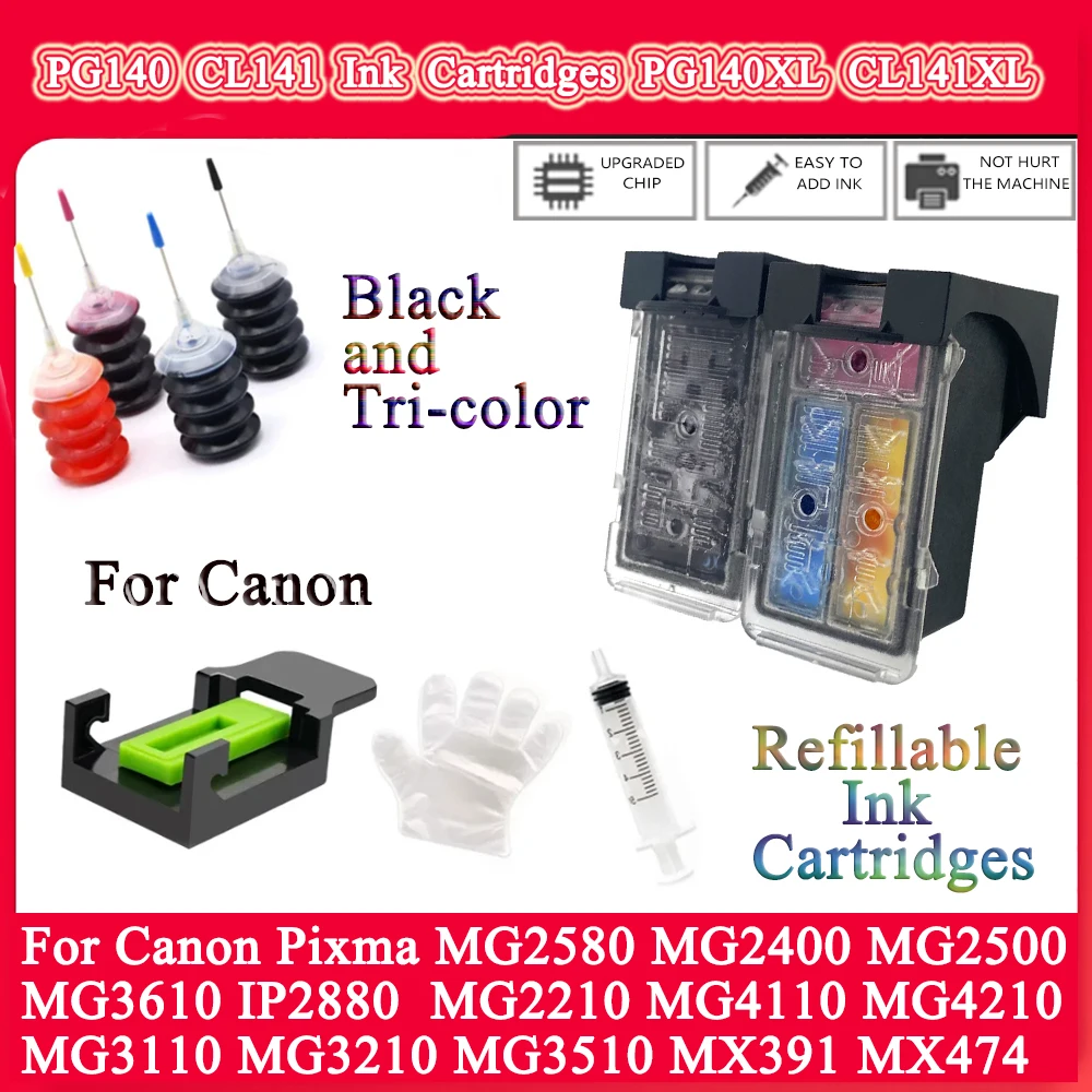 For Canon PG140 CL141 Refillable Ink Cartridges PG140XL CL141XL PIXMA MG2210 MG2580 MG3110 MG3210 MG3510  MG4110 MX474 printer