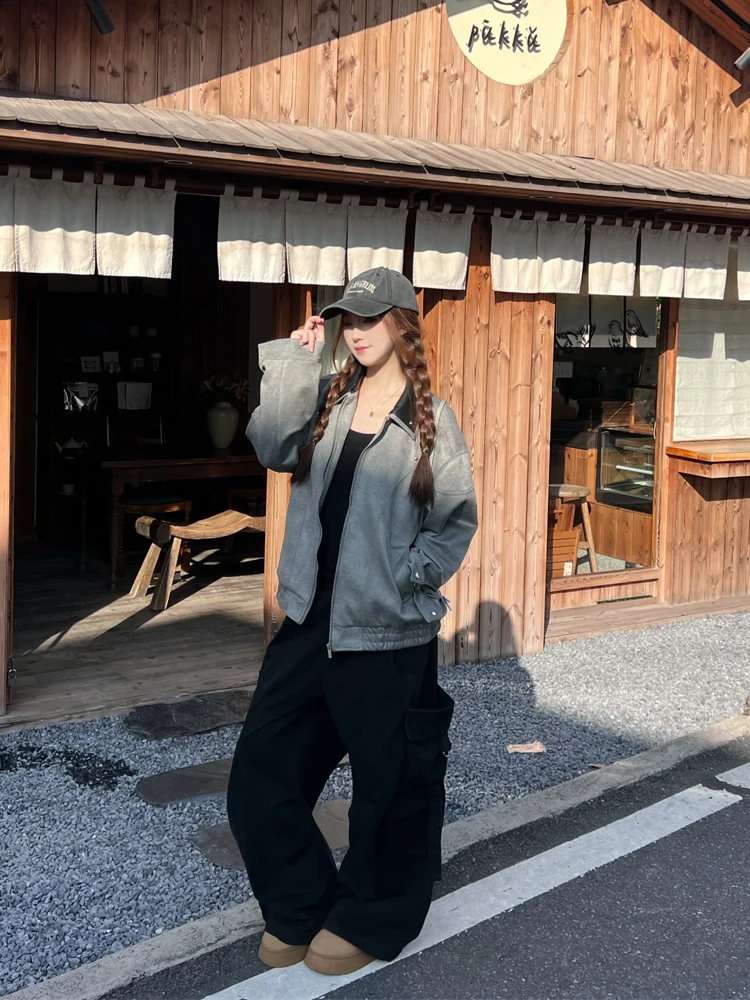 

Куртка-жакет 77lin в американском ретро-стиле с молнией и воротником, с длинными рукавами, для мужчин и женщин, осенняя верхняя одежда, модный тренд