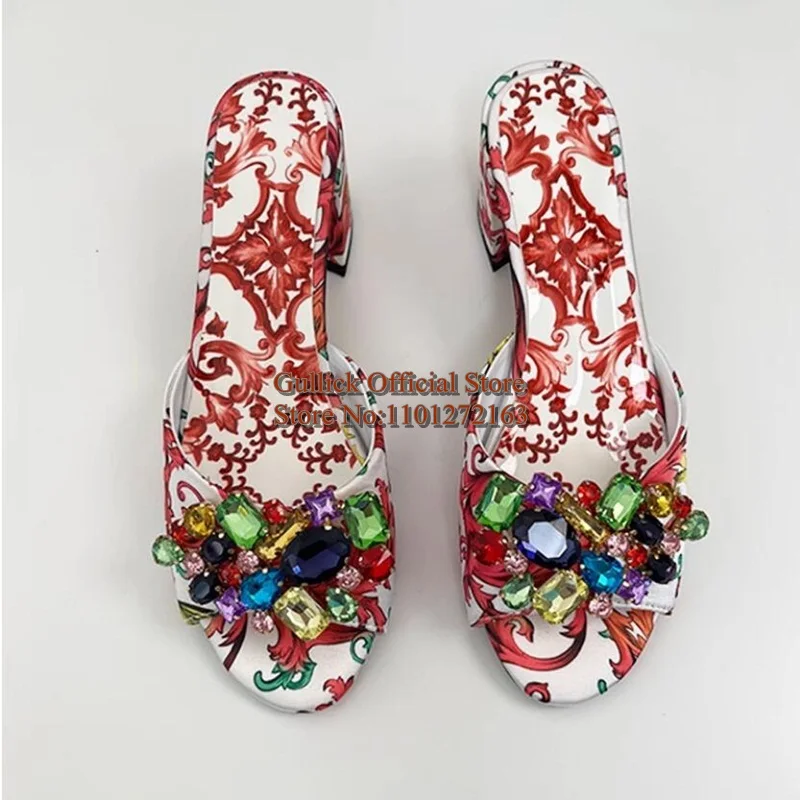 

Colorful Rhinestone Gem Open Toe Mules Shoes Printed Leather Green Red Chunky Heels Female Summer Slippers