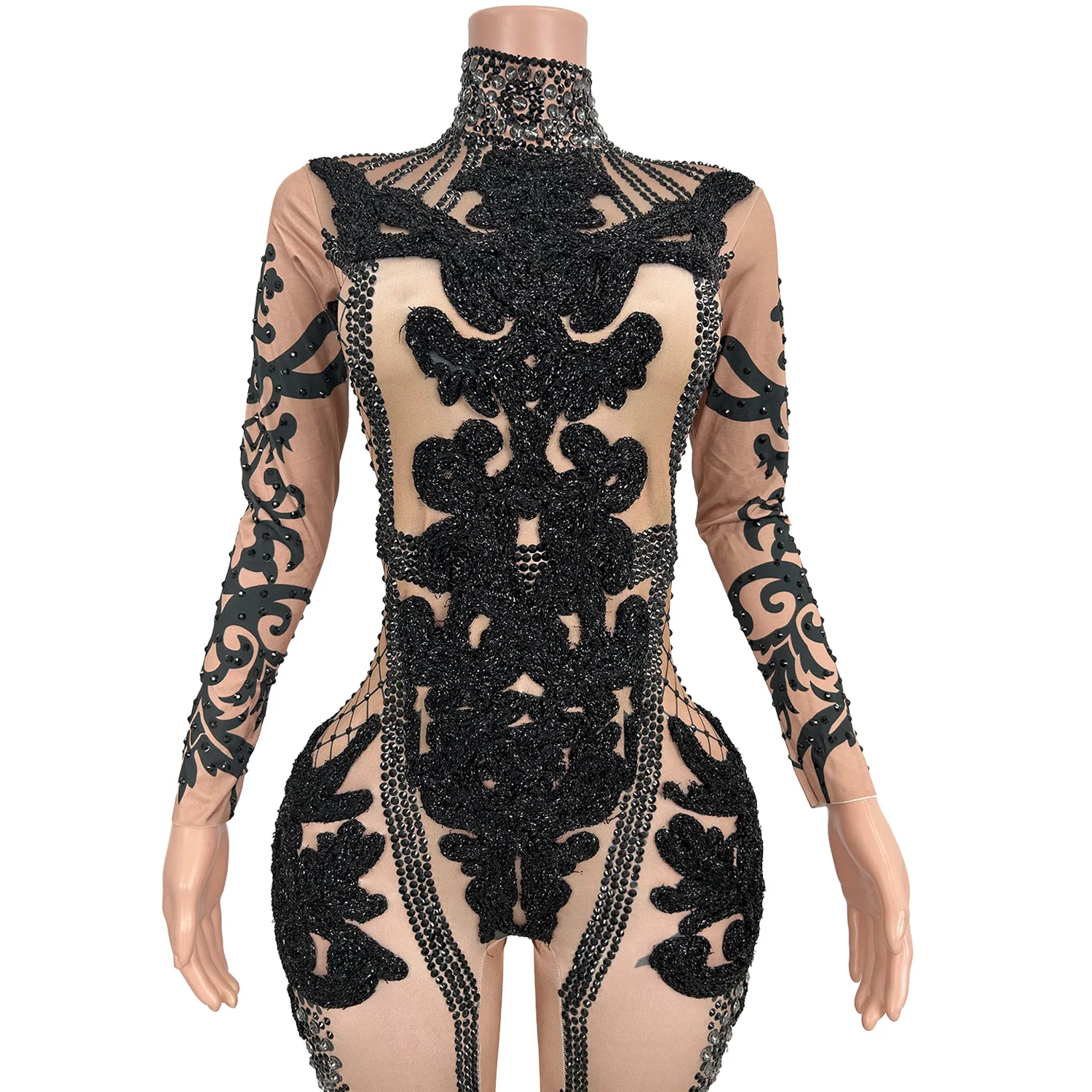 Sexy Women Spandex Elastic Tight Fitting Jumpsuit Sequins Black Printing Jumpsuit Nightclub Party Dance Stage Performance Wear