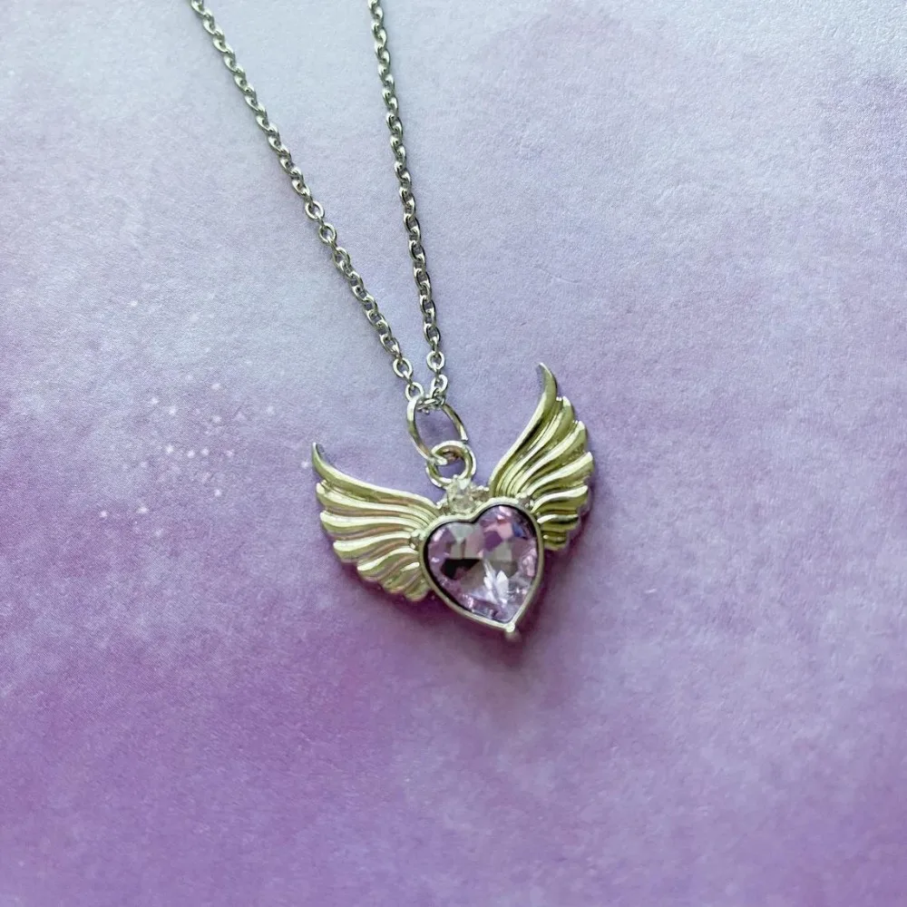Y2k Charm Luxury Sliver Color Heart Shape Wings Purple Rhinestone Pendant Necklace for Women Halloween Party Fashion Jewelry