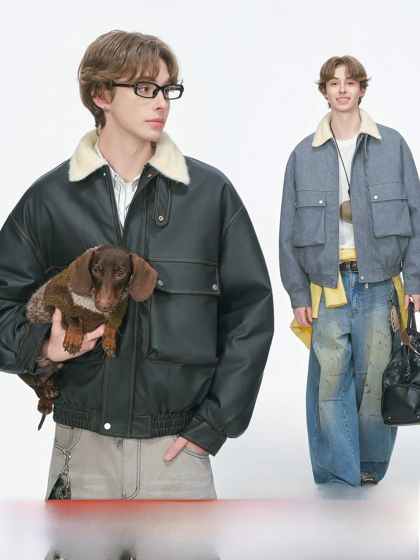 

Dr Made American Workwear Sle Thiened PU Leather Cotton Jaet Men's Winter Coat with Fur Collar Youth Faion Casual ...