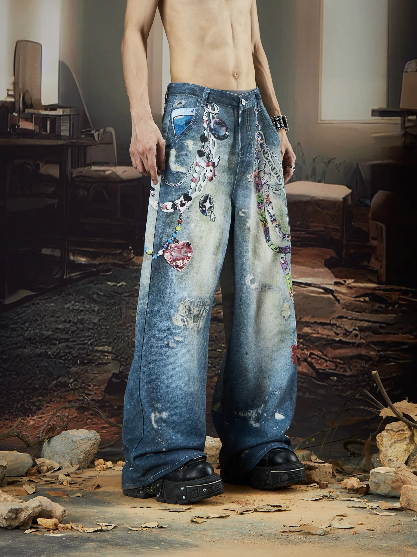 Special-Interest Design Chain Digital Printing Washed and Worn Loose Straight Printed Jeans Summer Trendy Thin
