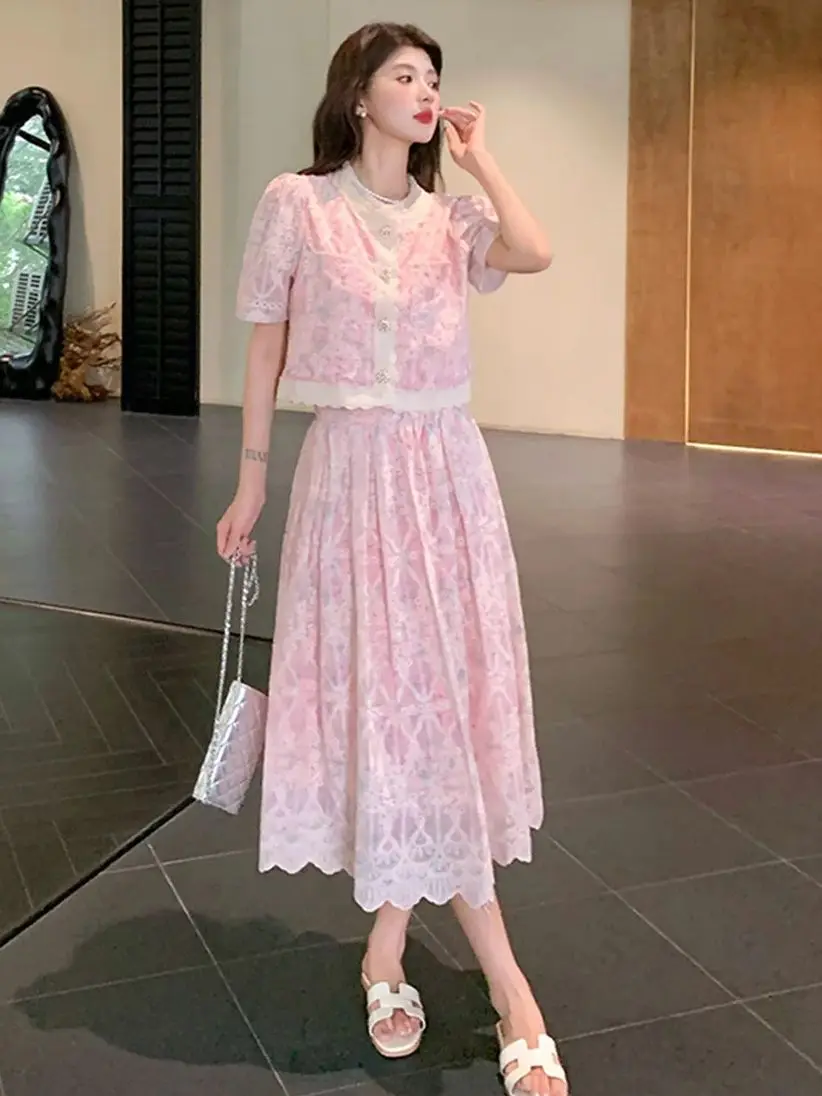 

Нежный стиль, маленький ароматный ветровой кружевной комплект из двух предметов с вышивкой для женщин, темпераментная короткая куртка, топы + длинная юбка, костюмы для женщин