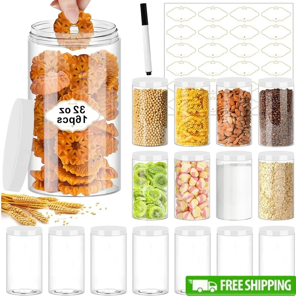 

32 OZ Plastic Jars Set of 16 Clear Storage Containers with White Lids Airtight Wide Mouth Kitchen Organizing and Dry Goods
