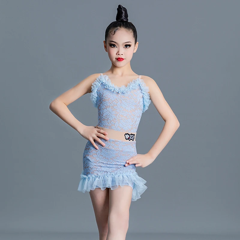 

Children'S Latin Dance Competition Costumes Girls Blue Latin Dance Dresses Kids Ballroom Dance Performance Clothes XS6406