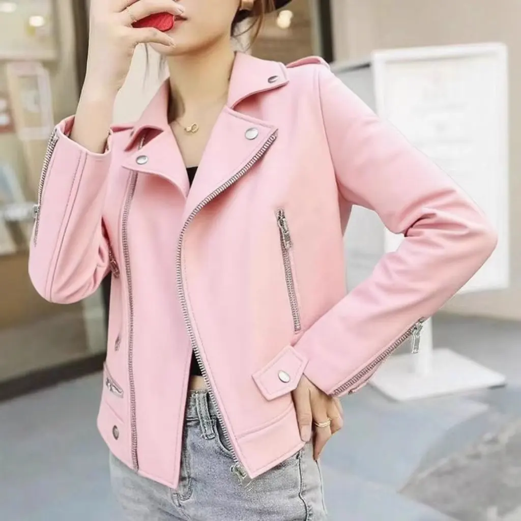 Primavera outono novo estilo feminino fino ajuste jaqueta de couro do plutônio curto casaco motociclista tamanho grande versão coreana moda outerwear