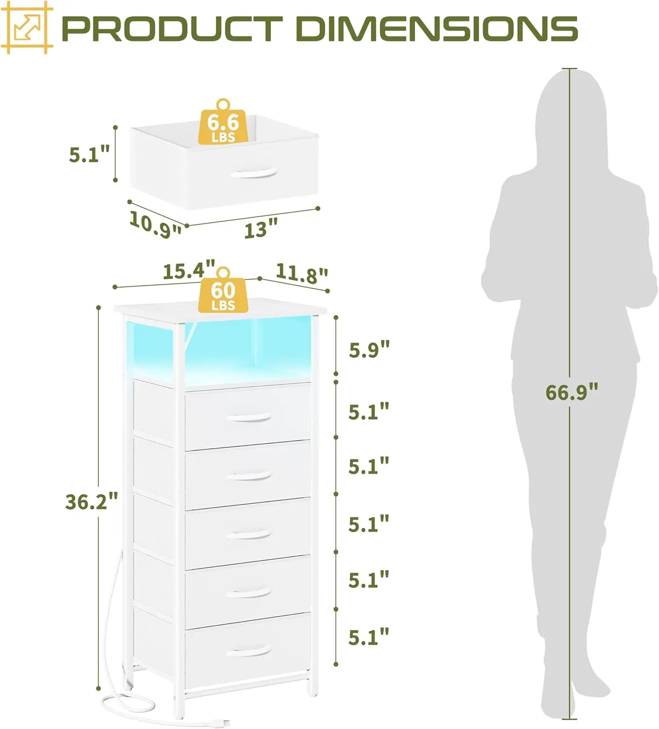 5 Drawers Drsser for Bedroom, Tall Nightstand with Charging Station, Dresser for Closet with Storage Shelf, Vertical Dressers