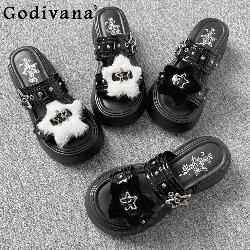 

Original Mine Black Sandals Summer New 2025 Japanese Style Girls Kawaii Slippers Student Y2K Platform Shoes Pumps for Women