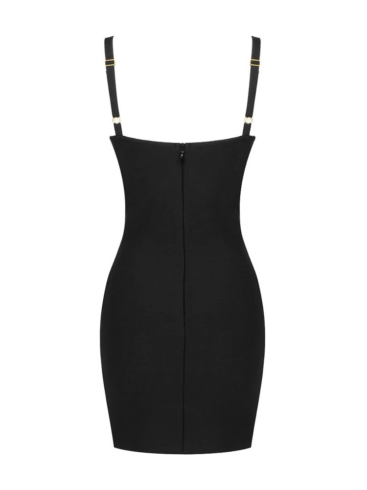 Sexy Sleeveless V Neck Mesh Patch Bandage Dress Women Black Spaghetti Strap Hollow Mesh Mini Bodycon Dress Celebrity Party Dress