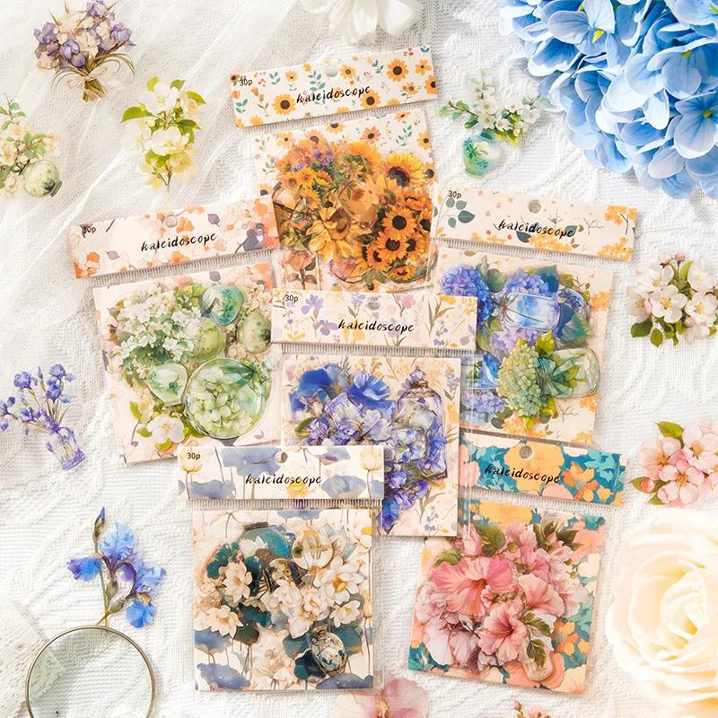 15Pcs Flower PET Waterproof Decorative Stickers Envelopes Greeting Cards Gifts Decorative Collages Stationery Decorative