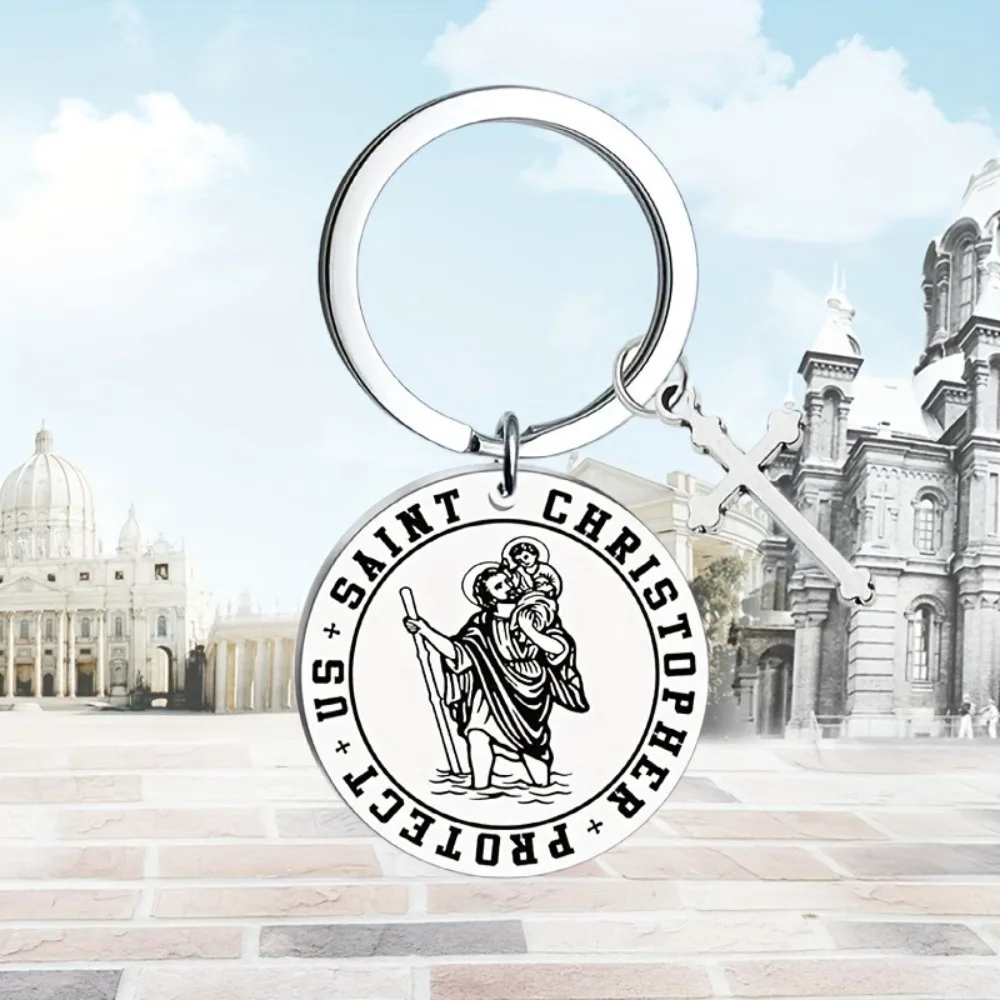 Porte-clés Saint Christopher Protect Us en acier inoxydable, bénédiction de voyage, croix de foi, porte-clés de voiture, cadeau pour amis et famille