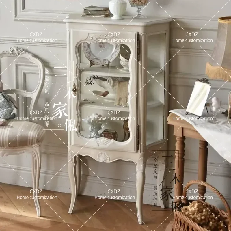 White Carved Glass Door Wine Cabinet Retro Display Locker for Living Room Dining Room Customizable Storage Furniture
