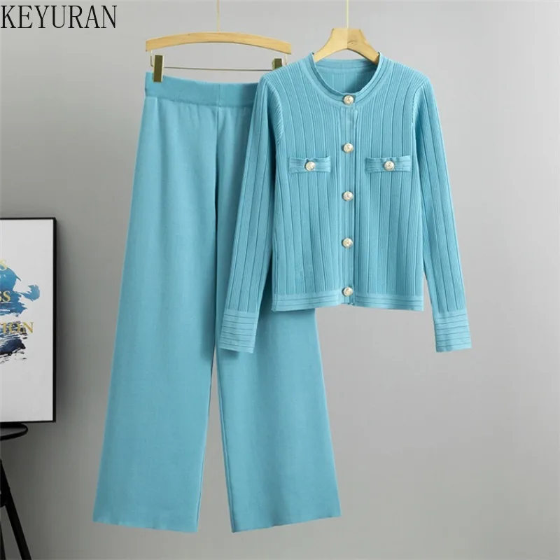 2024 New Casual Sports Knitted Two Piece Sets Women O-Neck long sleeve Single Breasted Cardigan sweater + Wide Leg Pants Suits
