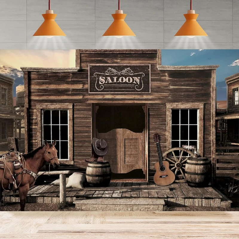 

Photography Backdrop Western Cowboy Saloon Wooden House Barn Door Retro Horse Wheel Background Party Backdrop Wall Banner Decor