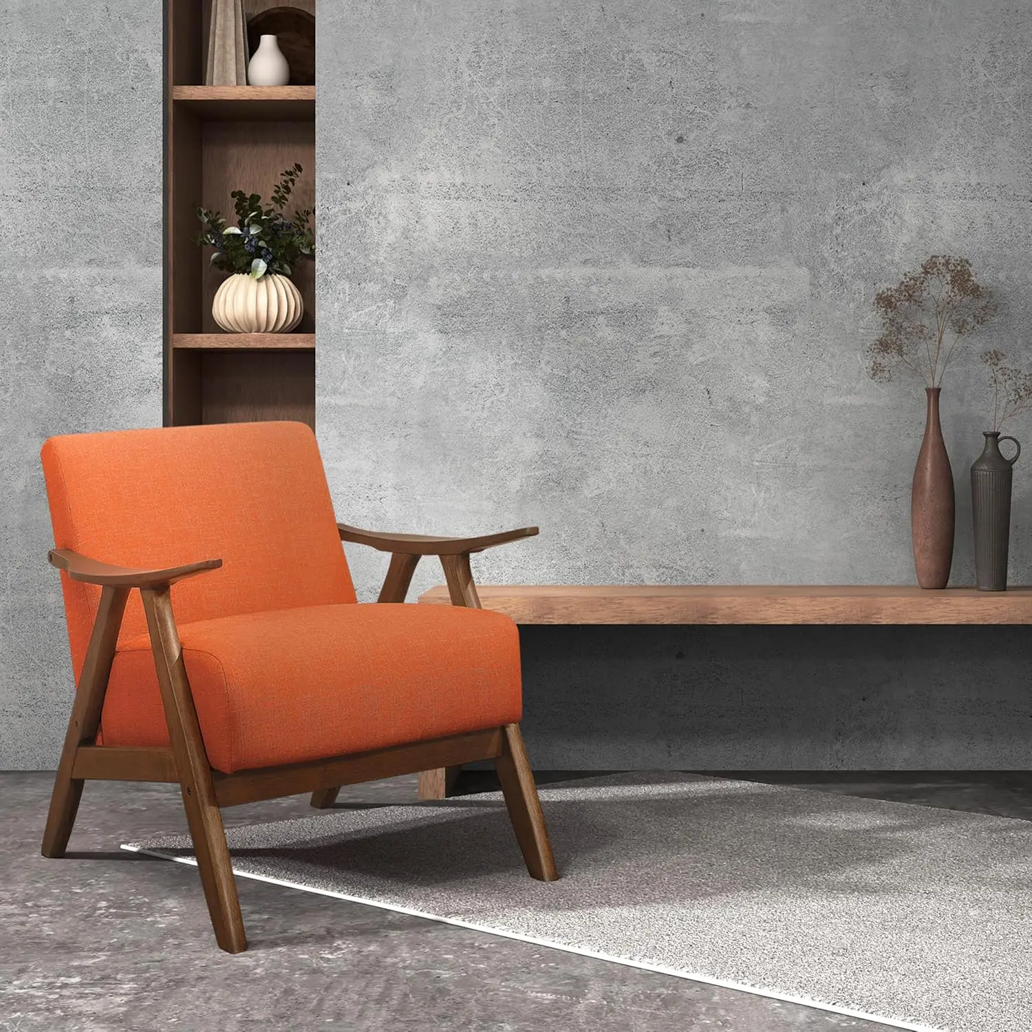 Orange Linen-Look Fabric Accent Chair with Solid Wood Frame for Living Room, Thick and Comfy Innerspring Seat Cushion
