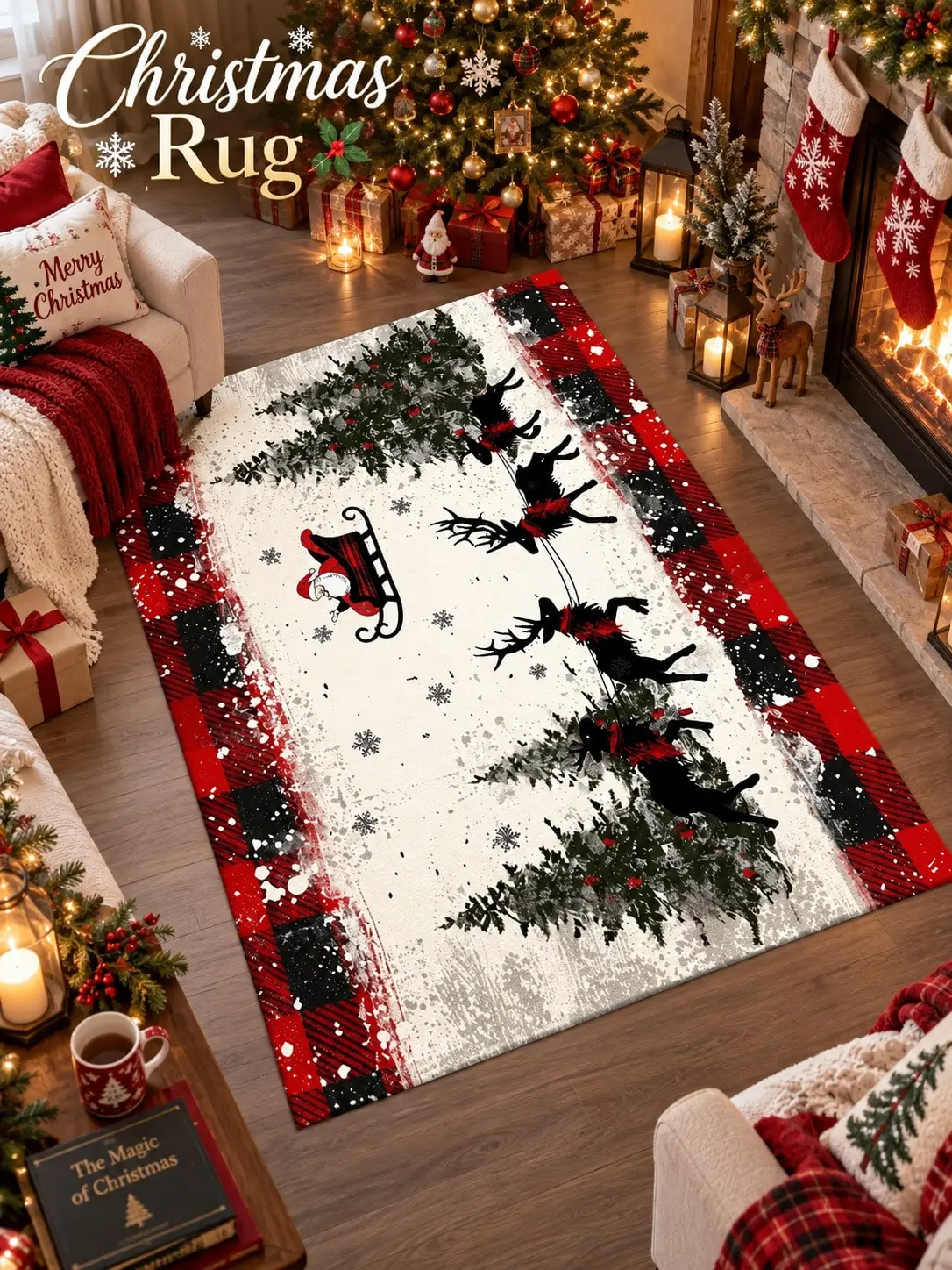 Christmas Rug Santa Sleigh Reindeer Forest Floor Decor Carpet Living Room Bedroom Dining Area Entryway Apartment Cabin Winter Home Accent Beside Sofa Coffee Table Housewarming Birthday Gift for Family Friends Neighbors Sisters Holiday Celebrations