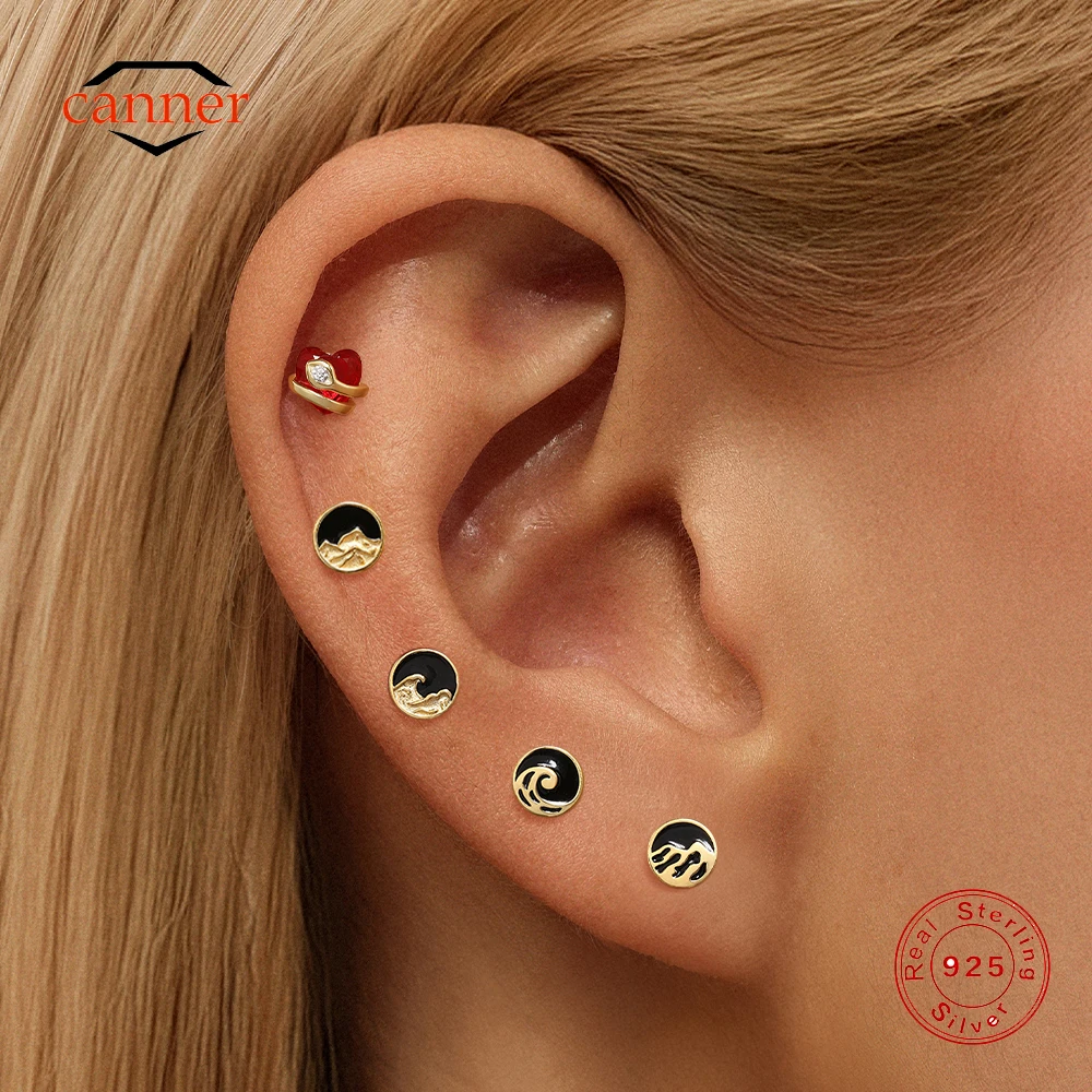 

CANNER 1PC 925 Sterling Silver Black Drip Oil Mountain Oath Flat Head Piercing Ear Nails Couple Friendship Snake CZ Earrrings