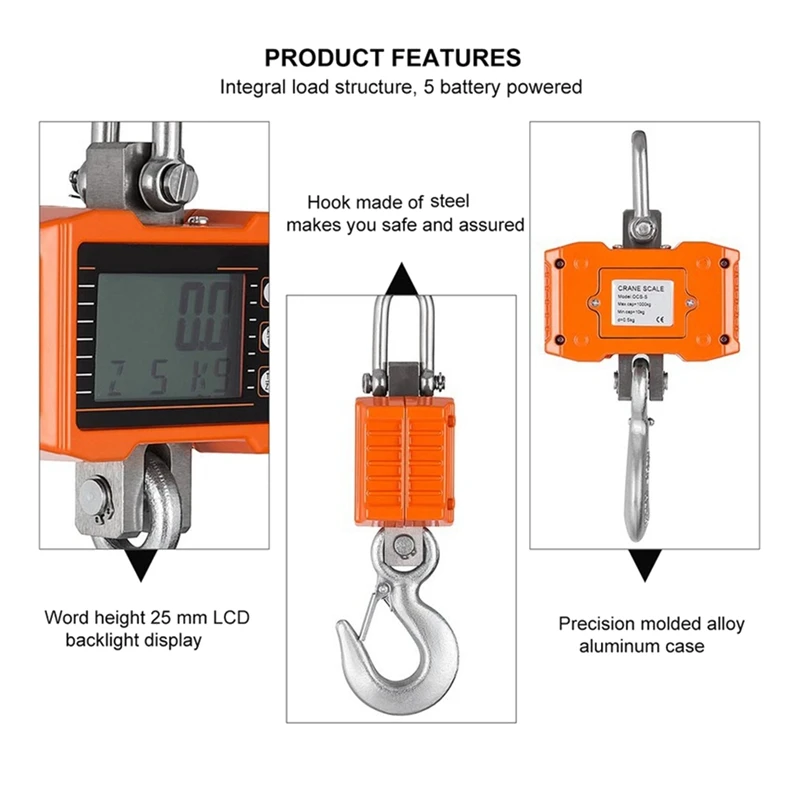 Digital Hanging Scale 1000Kg/ 2204Lbs Portable Heavy Duty Crane Scale LCD Backlight Industrial Hook Scales Unit Change