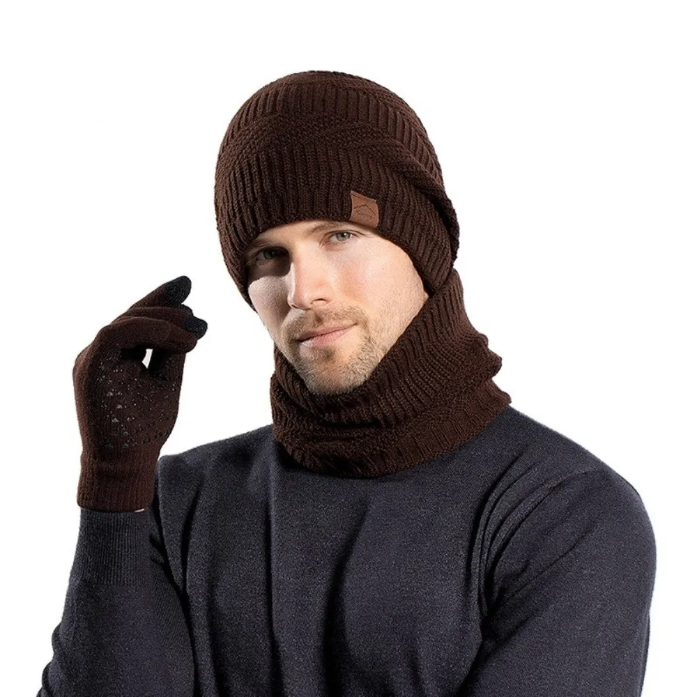 3pcs Solid Color Hat Scarf Gloves Set Warm Thicken Thermal Knit Cap Fleece Lined Thermal Protection Winter Beanie Hat Women/men